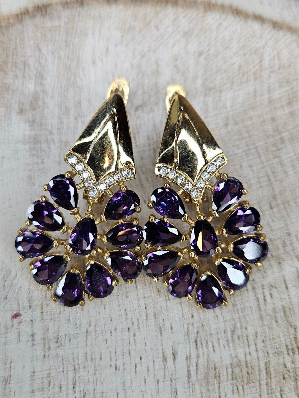 Vintage Sterling Silver Bronze Drop Earrings Purple Cluster Amethyst Paste EUC